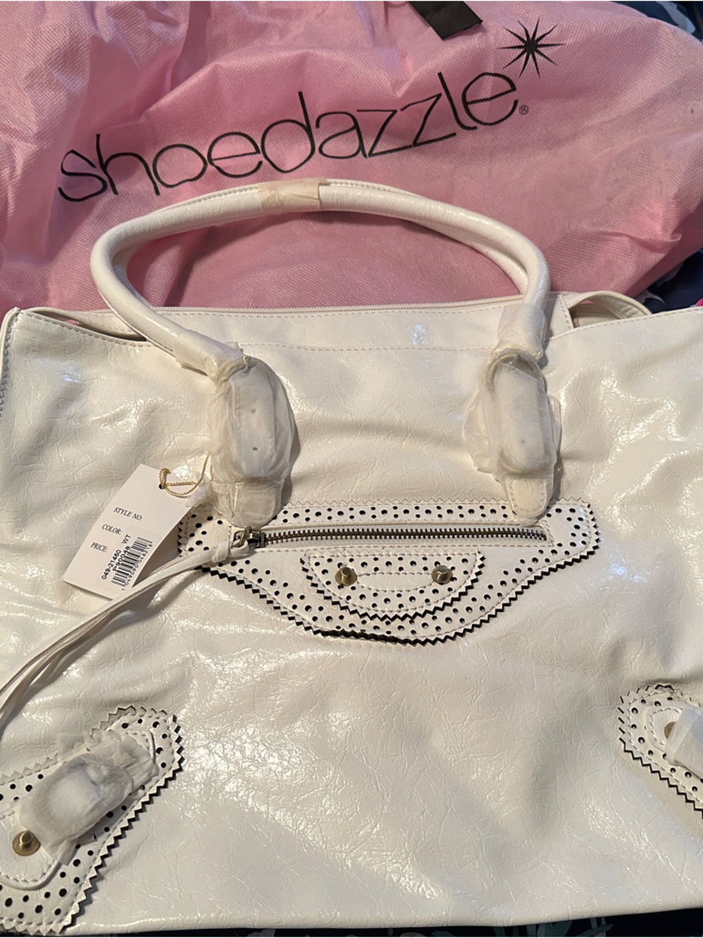 Shoe Dazzle White Faux Leather Tote with Perforated Trim